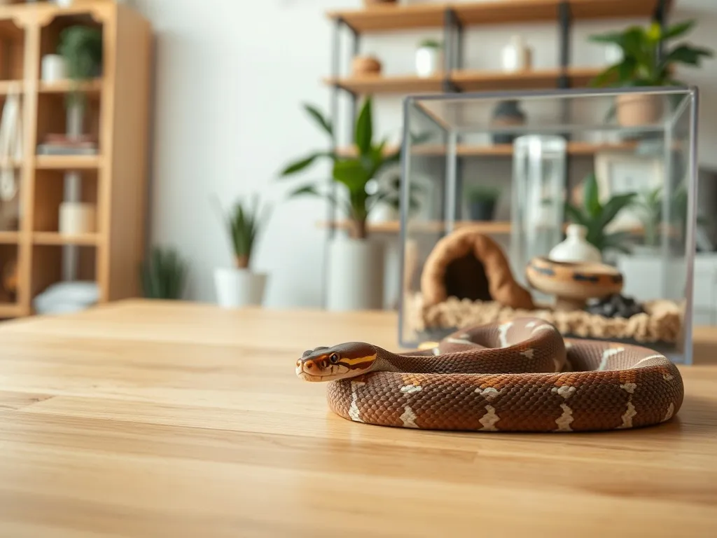 Spokojny wąż zbożowy przy prostym terrarium w domowym wnętrzu, ilustrujący warunki i koszty podstawowej hodowli.