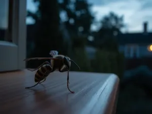 Szerszeń siedzący o zmierzchu na drewnianym parapecie okna, na tle przyciemnionego ogrodu i wieczornego nieba.