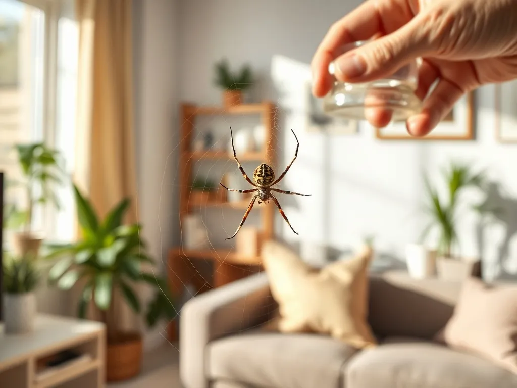 Pająk krzyżak na sieci w rogu salonu, zbliża się dłoń z słoikiem i kartką, by bezpiecznie go wynieść z domu.