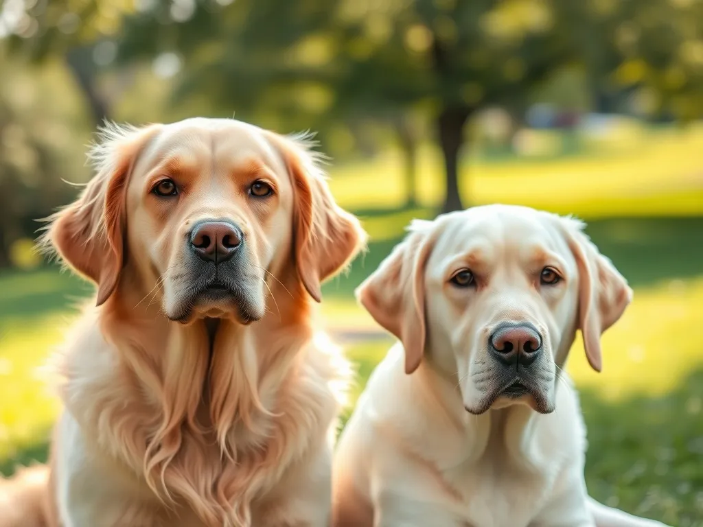 Golden retriever i labrador siedzą obok siebie w parku, patrzą w obiektyw, widać różnice w umaszczeniu i kształcie pyska.