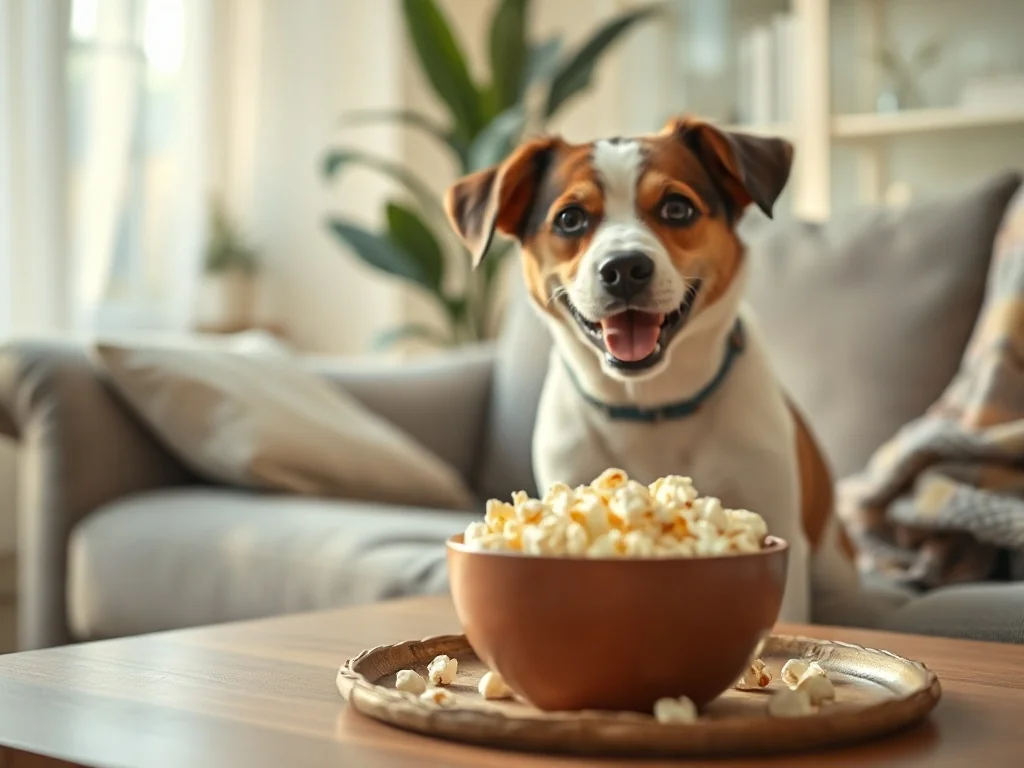Pies siedzi na kanapie i zaciekawiony patrzy na miseczkę zwykłego popcornu, w przytulnym, domowym wnętrzu.