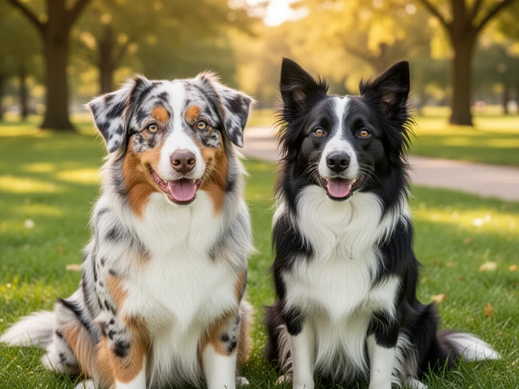 Owczarek australijski i border collie siedzą obok siebie na trawie, spokojne i czujne, widać różnice w umaszczeniu i wyrazie pyska
