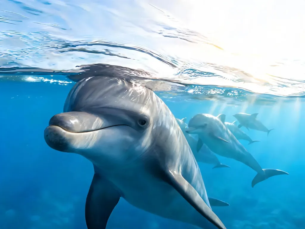 Delfin dryfujący tuż pod powierzchnią wody z jednym okiem otwartym, spokojna scena ilustrująca jego niezwykły sen